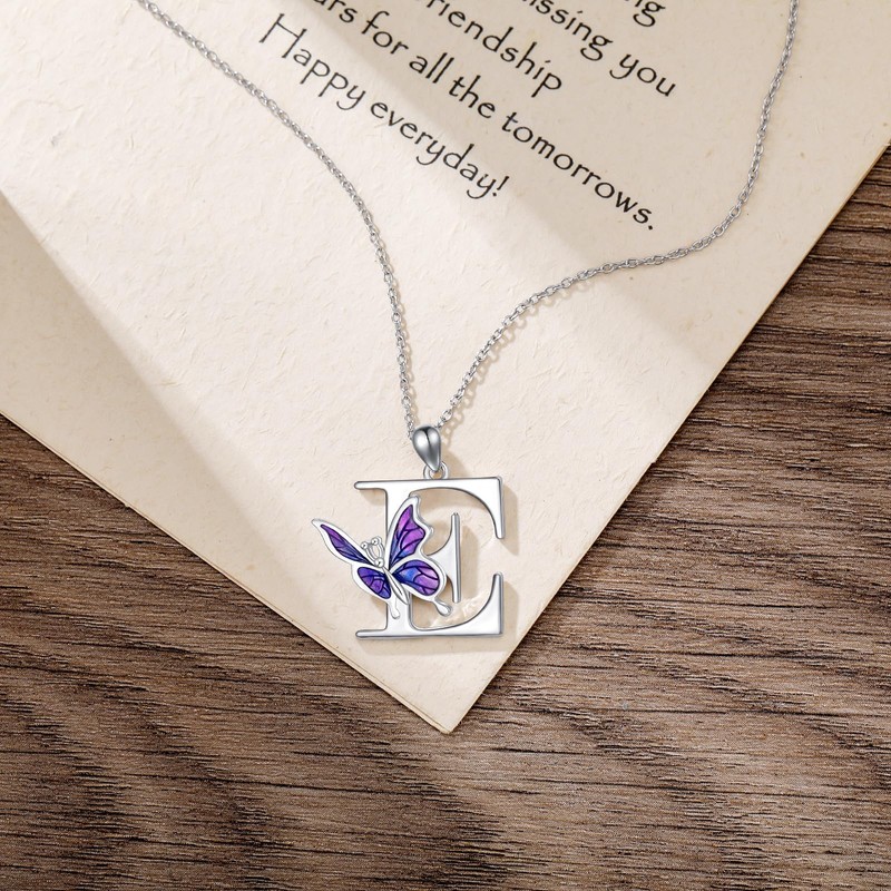 LONAGO Initial E Necklace for Women 925 Sterling Silver Purple