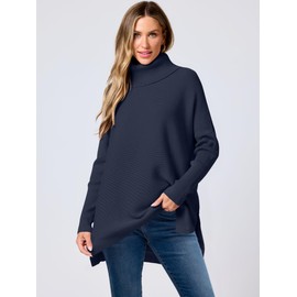 ANRABESS Women's Oversized Turtleneck Batwing Sleeve Spilt Casual Loose Knit Tunic Pullover Sweater Tops 2025 Fall Outfits Navy Blue Small