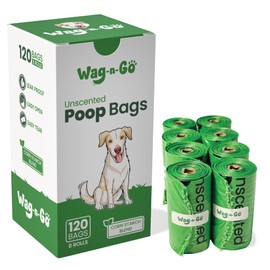 WAG-N-GO Poop Bags for Dogs, Thick & Leak Proof, Unscented Dog Waste Bags, Cornstarch Blend, 8 Refill Rolls (120 Count)