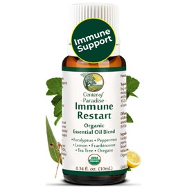 Center of Paradise Immune Restart Organic Essential Oil Blend for Immune Support* (10 ml) - USDA Certified & Non-GMO Blend of Eucalyptus, Peppermint, Tea Tree, Lemon, Frankincense & Oregano Oils
