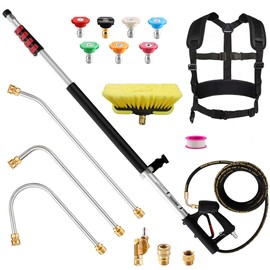 Telescoping Pressure Washer Wand 24 ft Power Washer Extension Wand Aluminum Pressure Washer Extension Wand 24 Feet with Brush Head, Gutter Cleaner, 7 Spray Nozzle Tips, 2 Hose Adapters, Support Belt