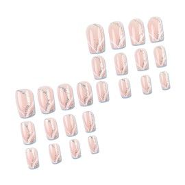 MERVF Press ons Nails Medium Square Sliver Glitter French Tip Fake Nails Glue ons Acrylic Nail Lines Design Elegant Manicure Supplies Glossy 24pcs