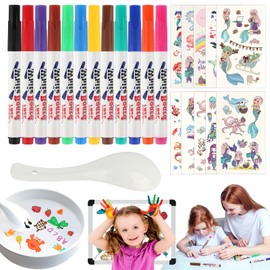 AILUYA Pack of 12 Magic Water Painting Pens, Magic Pens, Children's Creative, Magic Pen Washable, Pens with 1 Ceramic Spoon, 10 Mermaid Tattoo Stickers for Drawing Graffiti