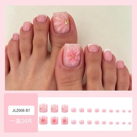 French Flower Press On Toenails Short Square Fake Toenails Pink Floral False Toenails With Gold Pearl Design Reusable Toe Nail Press Ons Glossy Stick On Toe Nails Full Cover For Women Manicure 24Pcs