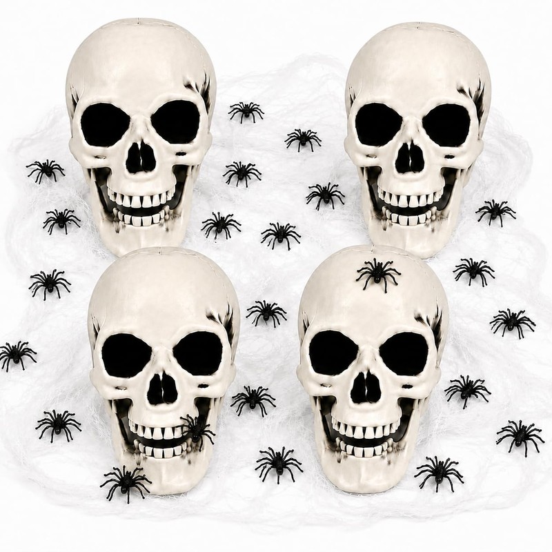 4 Pcs 5in Plastic Skulls Halloween Skeleton Cobweb 20 Spiders