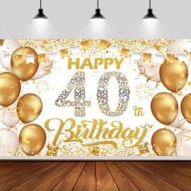 6x3.6ft Happy 40th Birthday Backdrop Banner,White And Gold Birthday Backdrop Sign, Happy Birthday Party Supplies Photo Background for Children Men Women.