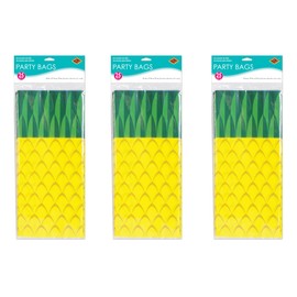 Beistle 75 Piece Tropical Treat Favor Bags, 4" x 9" x 2" - Summer Luau Party Pineapple Cello Candy Holders With Twist Ties