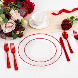 LIYH 350 Pcs Red Plastic Dinnerware Set for 50 Guests, Disposable Plastic Wavy Red Plates for Christmas Include: 50 Dinner Plates, 50 Dessert Plates, 50 Napkins, 50 Cups, 50 Cutlery for Party Birthday