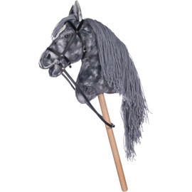 HKM Hobby Horse Beni – Steckenpferd Silbergrau, abnehmbare Trense & Lange Mähne, 40 cm Holzstiel – für Hobby Horsing Dressur & Parcours