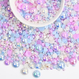 Xzeemo 2010 Pieces Half Beads for Crafts, Flat Back Beads, Loose Beads Shine, Faux Pearl for Jewellery Making, Colourful Half Pearls, Decorative Beads for DIY Manicure Scrapbooking Crafts, 6 Sizes (B)