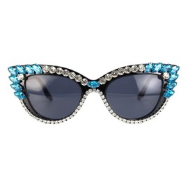 FUPRECIOUS Retro Cateye Sunglasses for Women UV400 Protection Cat Eye bling rhinestone Sun Glasses, Canal Blue, Medium