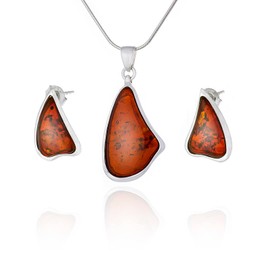 AMBEDORA Brigitte K Women's Jewellery Set | Sterling Silver 925 Shine | Baltic Amber in Cognac | Pendant and Earrings | Ready Gift Set, Sterling Silver, Amber