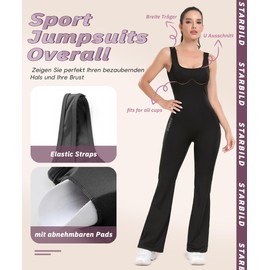 STARBILD Women's Yoga Jumpsuit Sleeveless Backless Tight Fit Fitness Jumpsuit for Gym Workout, Comfortable Sports Romper One-Piece, V Back Flared - Black
