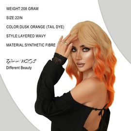 7JHH WIGS 22IN Middle Length Shoudler Blonde Ombre Orange Wigs High Layered Cut Women Synthetic Heat Resistant Fiber Highlight Natural Brown Black Wig for Women Fashion Edgy Daily Party Cosplay