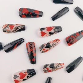 24Pcs Valentine's Day Press on Nails Medium Square Fake Nails Black Red Heart Glossy Full Cover Artificial Glue on Nails Valentines False Nails Romantic Rose Stick on Nails for Women DIY Nail Supplies