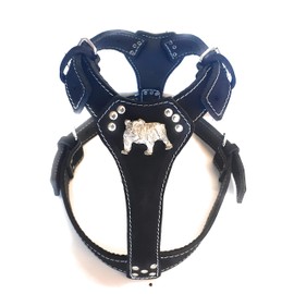 M&D Beautiful Black Leather Dog Harness with English Bulldog Head Motif (Silver Fittings)