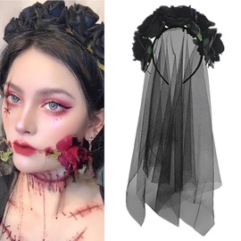 Black Veil Headband Halloween Costume For Girls Women Black Veils For Women Funeral Gothic Flower Headbands Headpieces For Women Balck Rose Veil Headband Hair Accessories For Halloween Cosplay Party