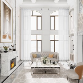 MASWOND Extra Long Faux Linen Sheer Curtain, High Ceilings, Rod Pocket Translucent Voile Sheer Breathable Curtain Panels for Living Room, Custom Made 11ft Length, 1 Panel?White,50W132L