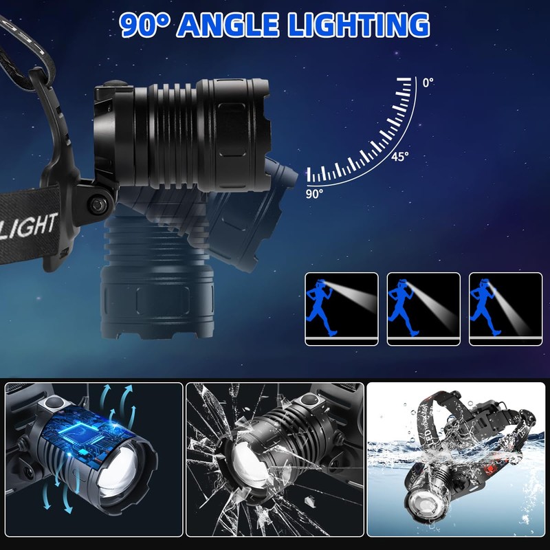 Rechargeable Headlamp 4Pack, Bright Head Lamp, 90°Angle Head Lights for