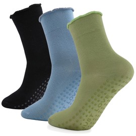 Himozoo 3 Pairs Yoga Grip Socks Women, Non Slip Pilates Sock, 100% CottonLadies Mid-Calf Grippy Socks for Ballet, Fitness, Barefoot Workout Gym (Multicolor_Mid calf01)