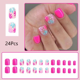 ASABITE 24 Pcs Pink Square Press on Nails Short Fake Nails Cute Floral False Nails Spring Summer Flower Nails Design Acrylic Nails Press ons Reusable Stick on Nails Artificial Nails for Women