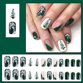 24Pcs Christmas Press On Nails Short Square Fake Nails Green Christmas Nails Press Ons Full Cover False Nails With Snowflake Designs Acrylic Glue On Nails Stick On Nails For Women