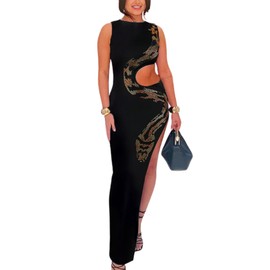 Zoctuo Women's Sexy Elegant Rhinestone Hollow Out Split Evening Gowns Maxi Dress Party Club Night Outfit(LK3217,Black,XL)