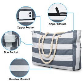 oscaurt Beach Bag Striped Tote Bag Swimming Bag Waterproof Beach Bag Large with Zip Shopper Bag Women's Beach Bag XXL Family Shopping Bag Shoulder Bag Plain Bag Travel Bag, darkgray, Beach bag