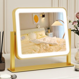 ROLOVE ROLOVE Gold Vanity Mirror with Lights, 14"12" LED Makeup Mirror, Lighted Makeup Mirror with Lights, Smart Touch Control 3 Colors Dimmable, Lighted Up Mirror for Makeup Desk, 360 Rotation