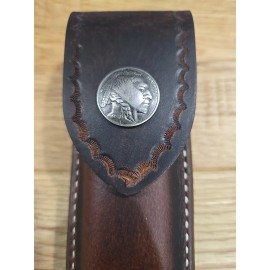 Leather Blades Buck 110 custom leather knife sheath. Tooled. Indian head nickel. Sheath only
