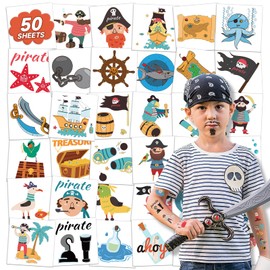 EMOME 50 Sheets Individually Wrapped Pirate Tattoos for Kids Boys, Temporary Tattoos for Pirate Party Favors Supplies Decorations, Pirate Themed Party Decorations for Goodie Bags