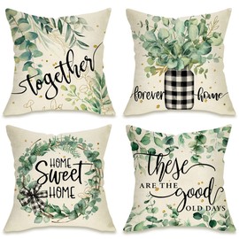 Fahrendom Farmhouse Eucalyptus Leaves Decorative Throw Pillow Cover 18 x 18 Set of 4, Buffalo Plaid Home Sweet Home Wreath Mason Jar Porch Outdoor Pillowcase, Spring Summer Couch Cushion Case Decor