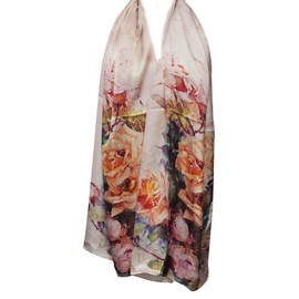 Wrapables Luxurious 100% Charmeuse Silk Floral Painting Long Scarf with Hand Rolled Edges, Roses in Bloom