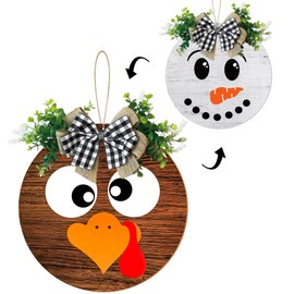 Thanksgiving/Winter Hanging Door Sign, Turkey/Snowman Reversible Door Wreath Hanging Decorations for Front Door Farmhouse Thanksgiving/Winter/Christmas Decorations Indoor Outdoor