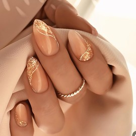 LOPMNGHT Gold French Tip Press on Nails Almond Shaped Golden Glitter Powder Design Acrylic Nails French Lines Stick on Nails Medium Nude Nails Press Ons Glossy Glue on Nails for Women Manicure Kit