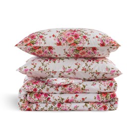 Puralens Pink Floral Boho Duvet Cover Queen Size 100% Cotton 3Pcs Set, White Percale Reversible Shabby Red Flower Print Chic Duvet Covers, Cute Girls Farmhouse Bedding, Vintage Soft Cottage Bed Set