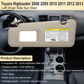 NHILES Left Driver Side Sun Visor Compatible with Toyota Highlander 2008 2009 2010 2011 2012 2013 Replaces# 74320-48500-B0 Color Beige