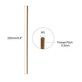 Rebower Fully Threaded Rod All Thread Brass Rod Bar Studs, [for Clamps and U-Bolts] - M3 x 250mm Male Threaded 0.5mm Pitch/Gold/2Pack