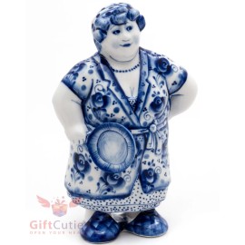 Gzhel porcelain figurine folk Russian woman mother in law or wife with a skillet