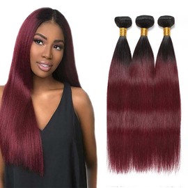 Burgundy Bundles Human Hair Ombre Human Hair Bundles 14 16 18 Inch Double Weft 1B99J Straight Bundle Unprocessed Brazilian Remy Hair Extensions Soft And Healthy 300G