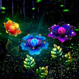 Adeco Flower Solar Lights Outdoor Garden Decor 35 inch Metal Garden Stake Lights with Crackle Globe Glass and Large Solar Panel Waterproof for Ground Patio Lawn Courtyard Flowerbed