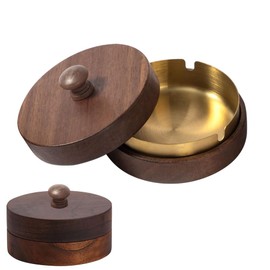DAJASD Ashtray with Lid, Stainless Steel Walnut Windproof Ashtray Anti-Fly Ash Solid Wood Ashtray for Outdoor Indoor Office Living Room - 10.4 x 10.4 x 4.5 cm