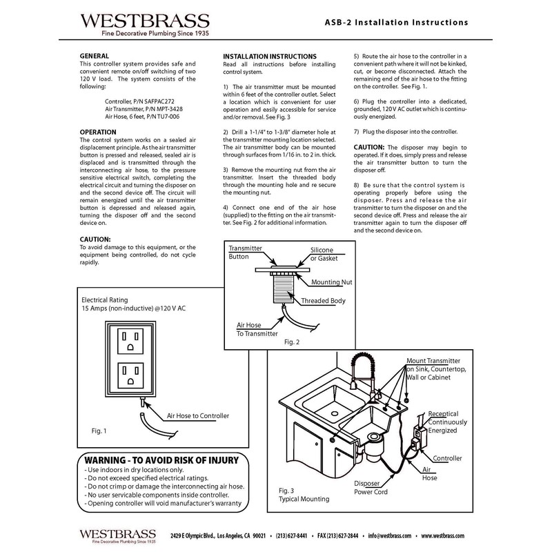 Westbrass RASB-2RB3-07 Sink Top Waste Disposal Air Switch and Dual