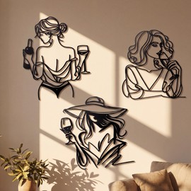 Thenshop 3 Pcs Wine Wall Art Black Metal Bar Art Drinking Woman Wall Decor Simple Black Lady Aesthetic Modern Line Design Sculptures Decor Female with Glass Wine for Home Bathroom Living Room Kitchen