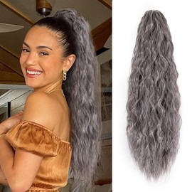 Wavy Ponytail Extension Claw Clip, 22 Inch Corn Wave Pony Tail Synthetic Brown Mixed Blonde Hair, Long Curly Jaw Ponytail Hair Extainson for Women Girls (Mixed Grey)