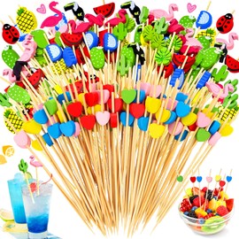 Pack of 200 Cocktail Sticks, Wooden Cocktail Sticks, Finger Food Skewers, Wooden Toothpicks with Cute Decoration, Cocktail Accessory Decoration Set, with Heart, Pink Flamingo, Good for Bar, Party,