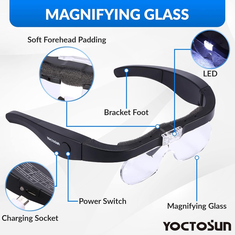 YOCTOSUN Rechargeable Magnifying Glasses, Head Magnifier Glasses with 2 LED