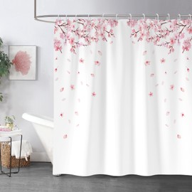 zokyer Pink Floral Shower Curtain White Flowers Cherry Blossom Art Girls Botanical Plant Japanese Sakura Garden Rustic Country Farmhouse Bathroom Decor Polyester Fabric Plastic Hooks 12 Pack (60Wx72L)