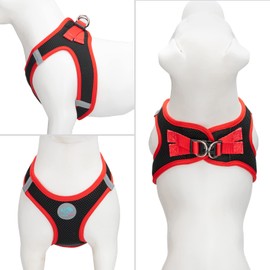 PHOEPET Step-in Dog Harness,Reflective Adjustable Dog Vest Harness, Soft Pet Walking Jacket with 2 Metal Leash Hooks for Dog and Cat(Black Base & Red Straps,S)