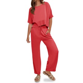 Fisoew Womens 2 Piece Outfits Sweater Sets Knit Split Crop Tops High Waisted Pants Lounge Set